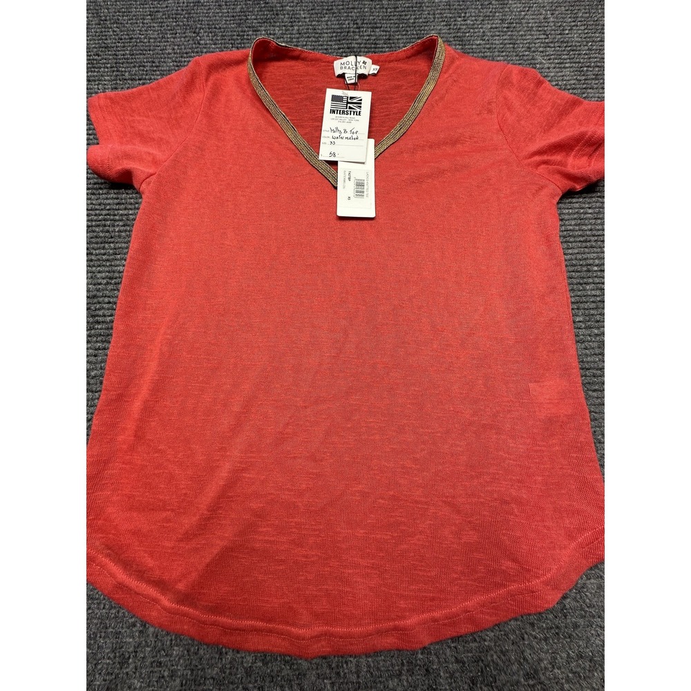 Molly Bracken Shirt Womens XS Watermelon Red Knit Tee Gold Trim Casual Top New